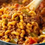 American Chop Suey One-pot pasta dish with ground beef and tomato sauce