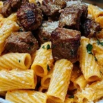 Cajun Steak Tips in Cheesy Rigatoni Parmesan Sauce