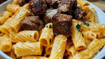 Cajun Steak Tips in Cheesy Rigatoni Parmesan Sauce