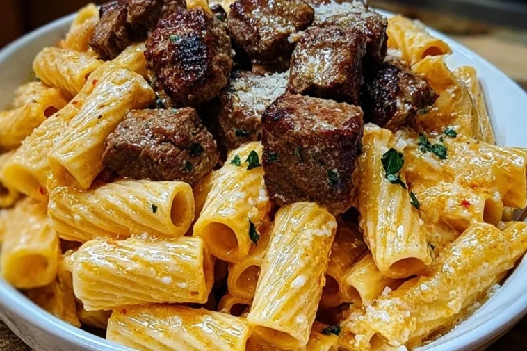 Cajun Steak Tips in Cheesy Rigatoni Parmesan Sauce