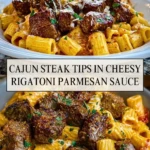 Cajun Steak Tips in Cheesy Rigatoni Parmesan Sauce - Pin 1