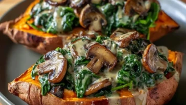 Creamy Mushroom and Spinach Stuffed Sweet Potatoes