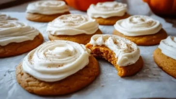 Pumpkin Sugar Cookies Soft cookies topped with cream cheese frosting