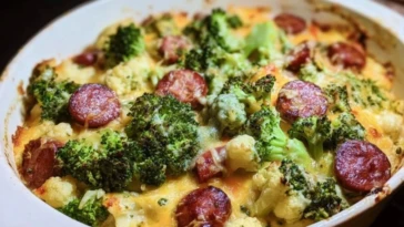 Keto Broccoli and Cauliflower Au Gratin with Sausage