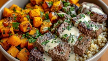 Savory Butternut Squash & Garlic Herb Steak Bowls
