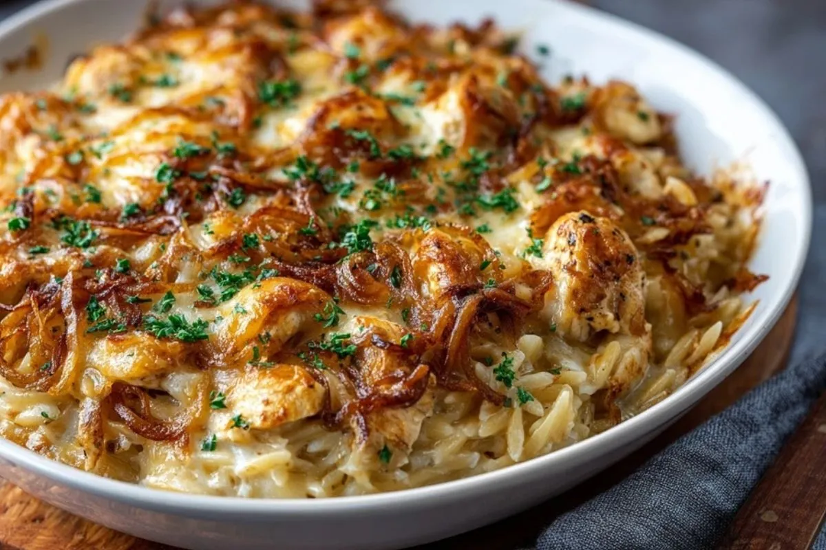 French Onion Chicken Orzo Casserole