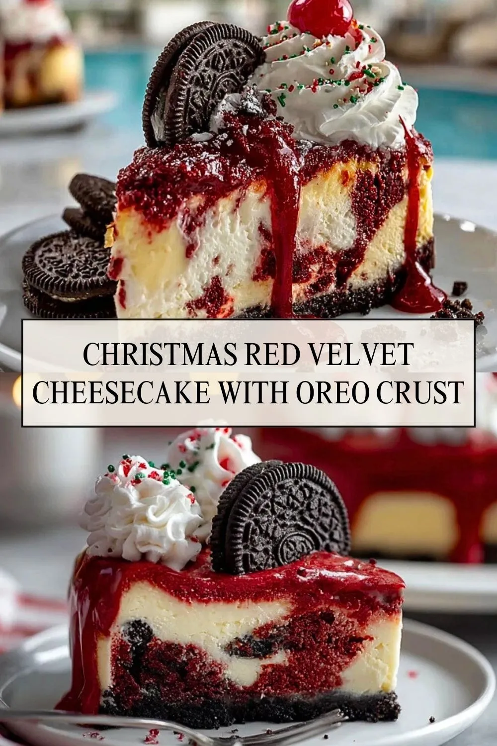 Christmas Red Velvet Cheesecake with Oreo Crust - Pin 1