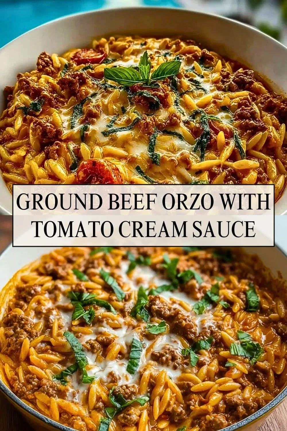 Ground Beef Orzo with Tomato Cream Sauce - Pin 1