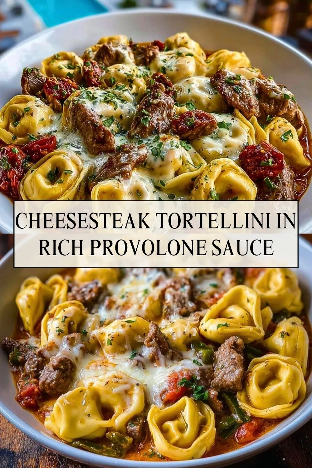 Cheesesteak Tortellini in Rich Provolone Sauce - Pin 1