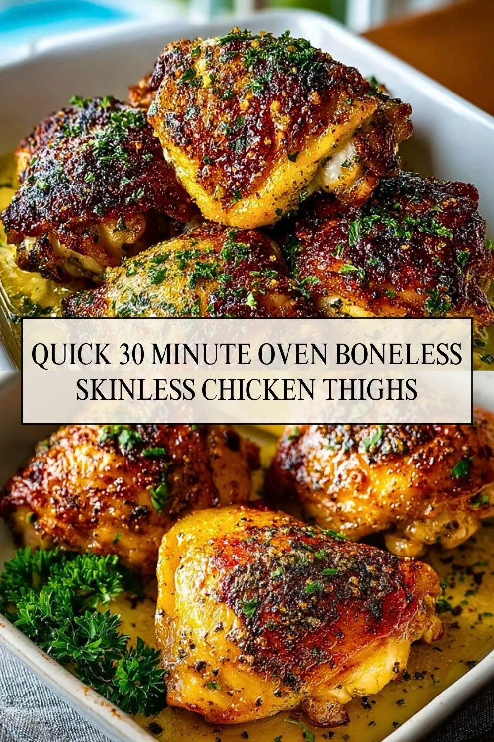 Quick 30 Minute Oven Boneless Skinless Chicken Thighs - Pin 1